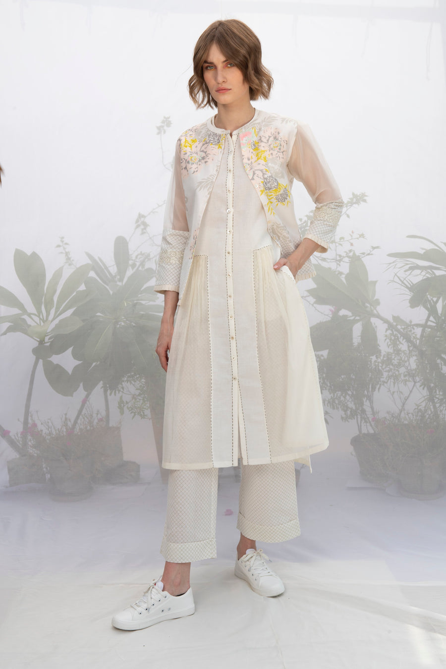 Ivory Panelled Tunic With Kantha Details And Without Sleeves-Tunic-ARCVSH by Pallavi Singh