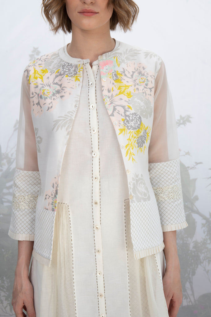 Ivory Roses Print Jacket With Embroidery-Jacket-ARCVSH by Pallavi Singh