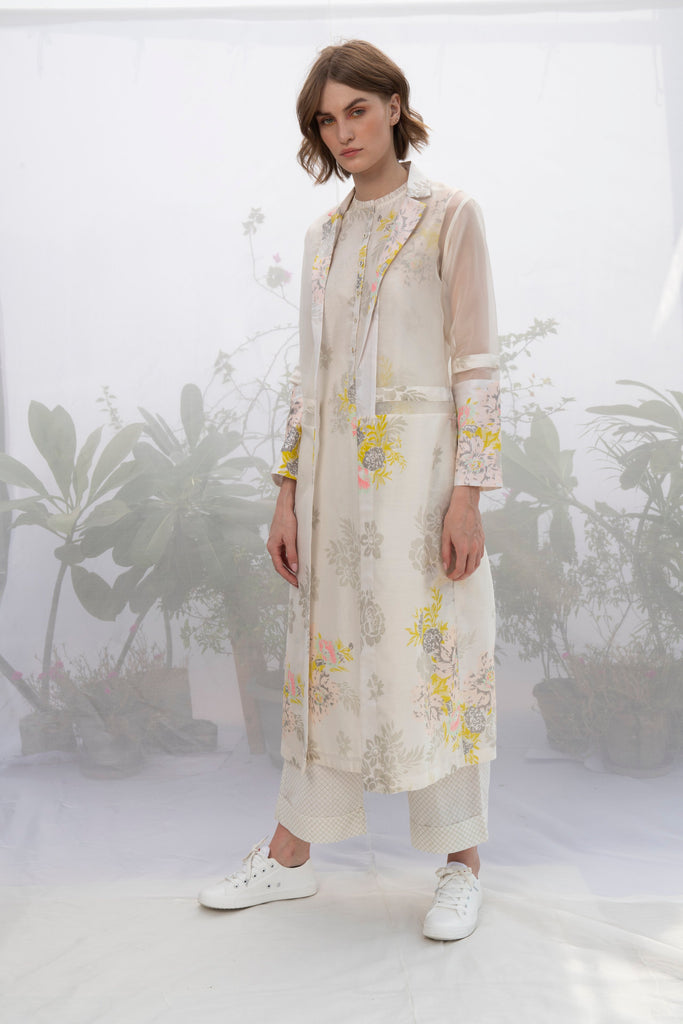 Ivory Roses Print Tunic With Jacket And Pants-Tunic-ARCVSH by Pallavi Singh