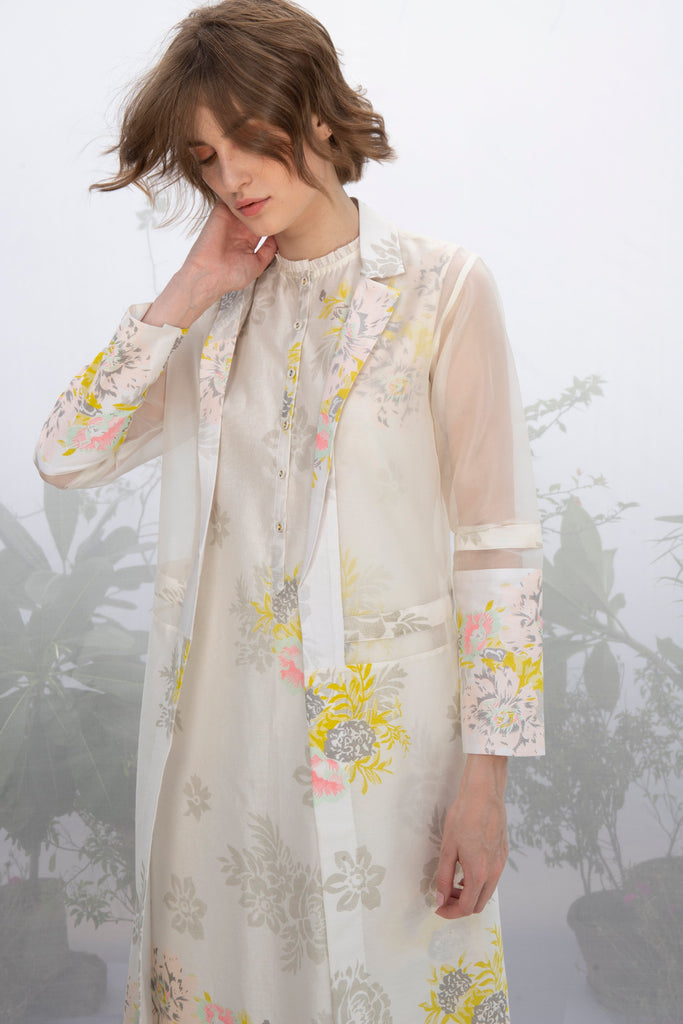 Ivory Roses Print Tunic With Jacket And Pants-Tunic-ARCVSH by Pallavi Singh