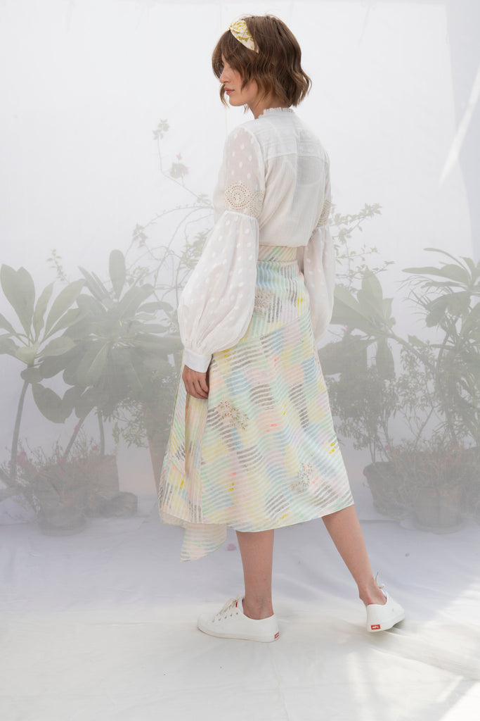 Ivory Cotton Top With Multi Stripe Wrap Skirt-Skirt-ARCVSH by Pallavi Singh