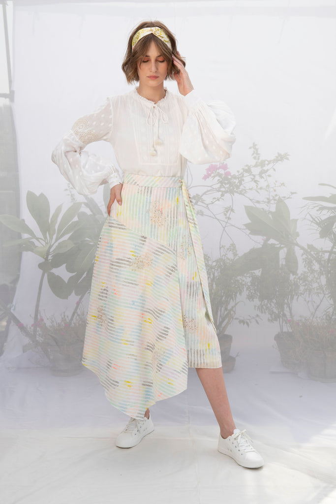Ivory Cotton Top With Multi Stripe Wrap Skirt-Skirt-ARCVSH by Pallavi Singh