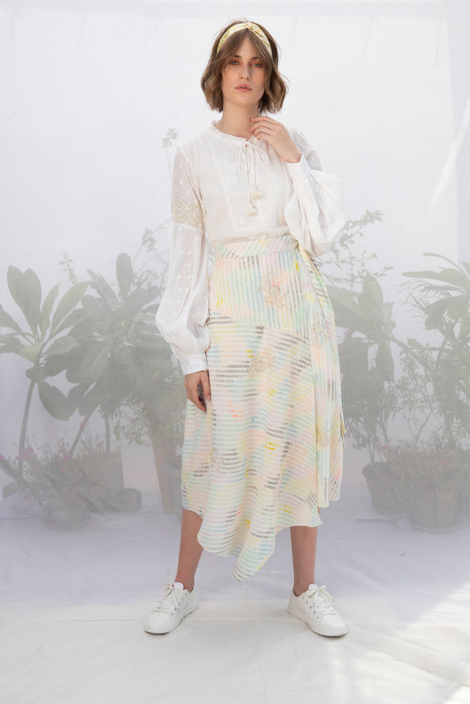 Ivory Cotton Top With Multi Stripe Wrap Skirt-Skirt-ARCVSH by Pallavi Singh