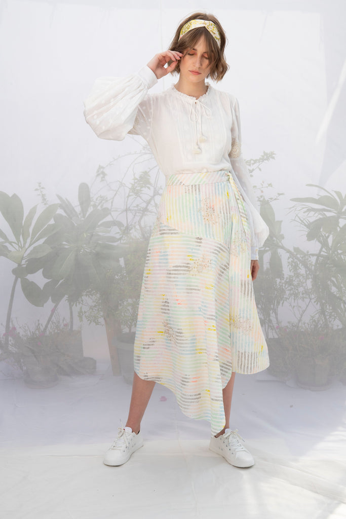 Ivory Cotton Top With Multi Stripe Wrap Skirt-Skirt-ARCVSH by Pallavi Singh