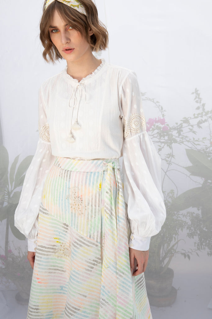 Ivory Cotton Top With Multi Stripe Wrap Skirt-Skirt-ARCVSH by Pallavi Singh