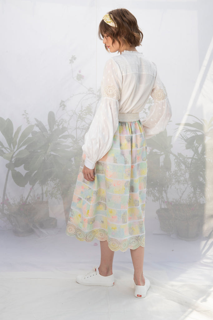 Ivory Hand Block Print Skirt With Embroidery-Skirt-ARCVSH by Pallavi Singh