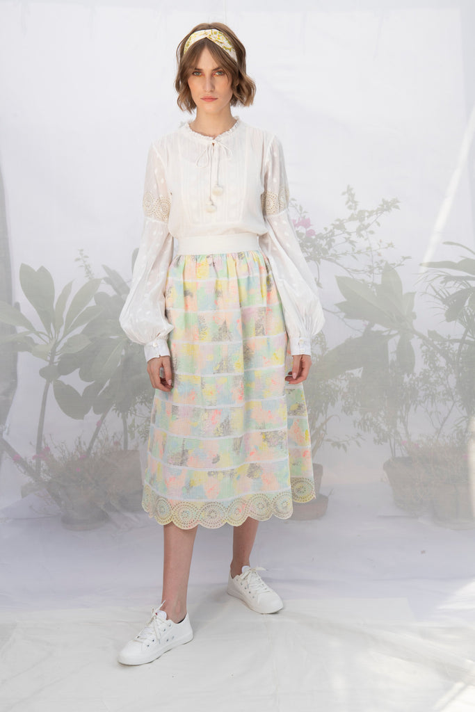 Ivory Hand Block Print Skirt With Embroidery-Skirt-ARCVSH by Pallavi Singh