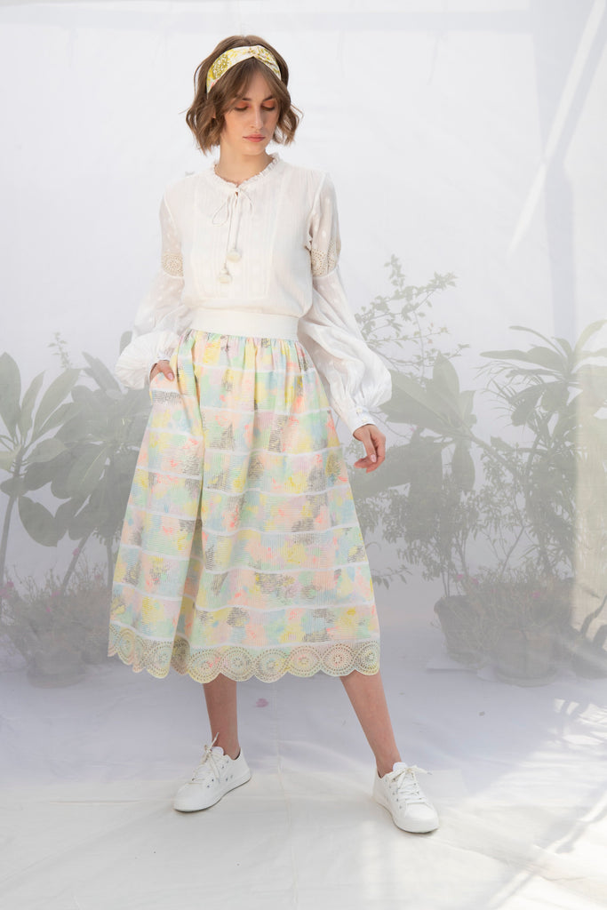 Ivory Hand Block Print Skirt With Embroidery-Skirt-ARCVSH by Pallavi Singh