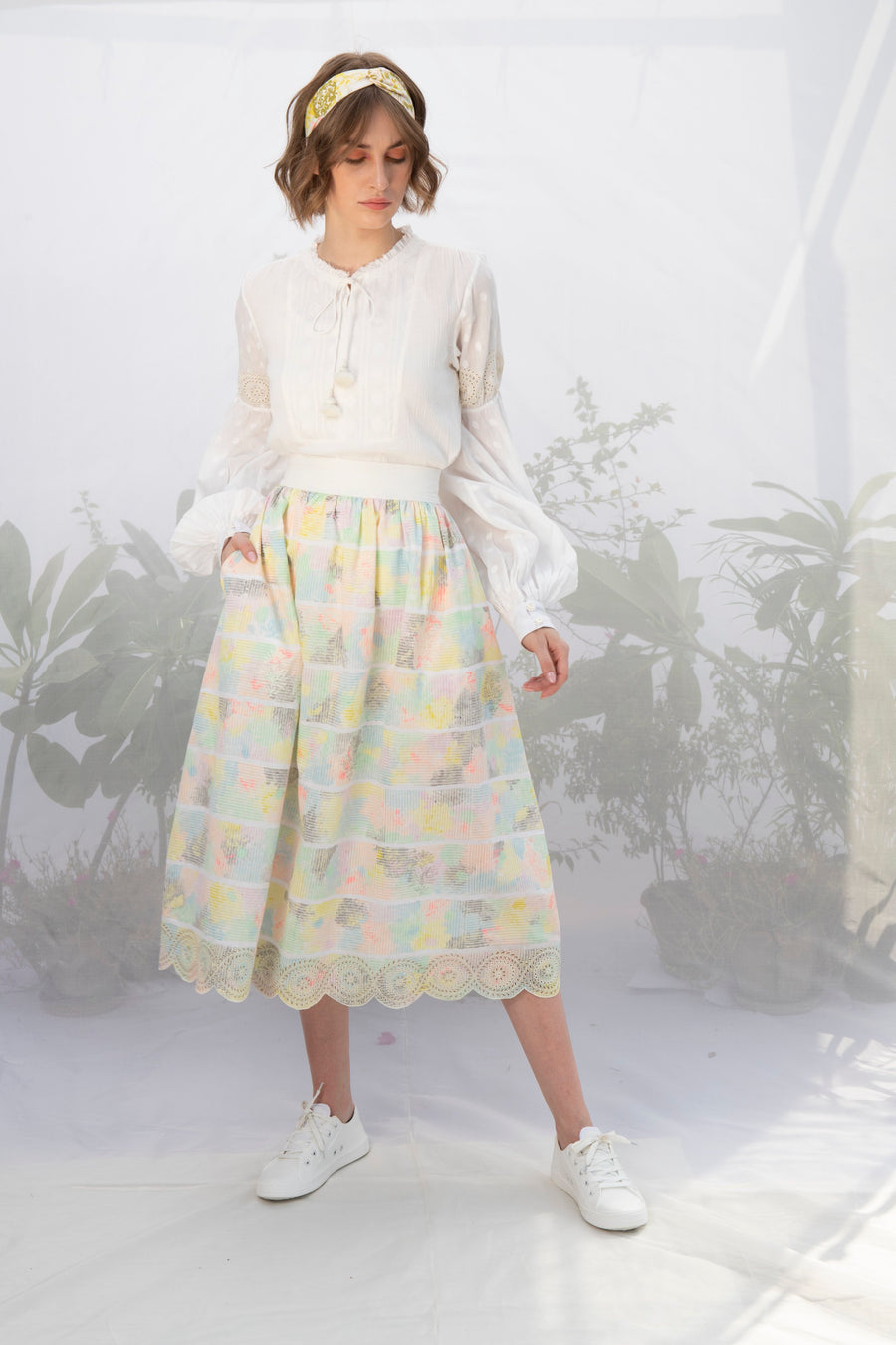 Ivory Hand Block Print Skirt With Embroidery-Skirt-ARCVSH by Pallavi Singh