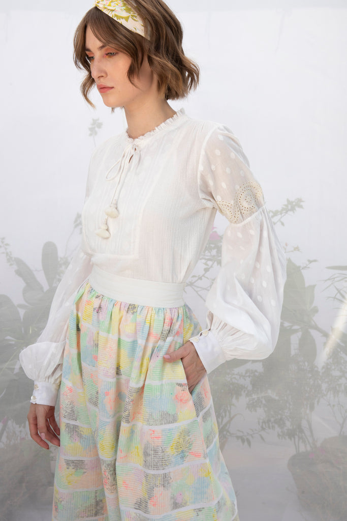 Ivory Hand Block Print Skirt With Embroidery-Skirt-ARCVSH by Pallavi Singh