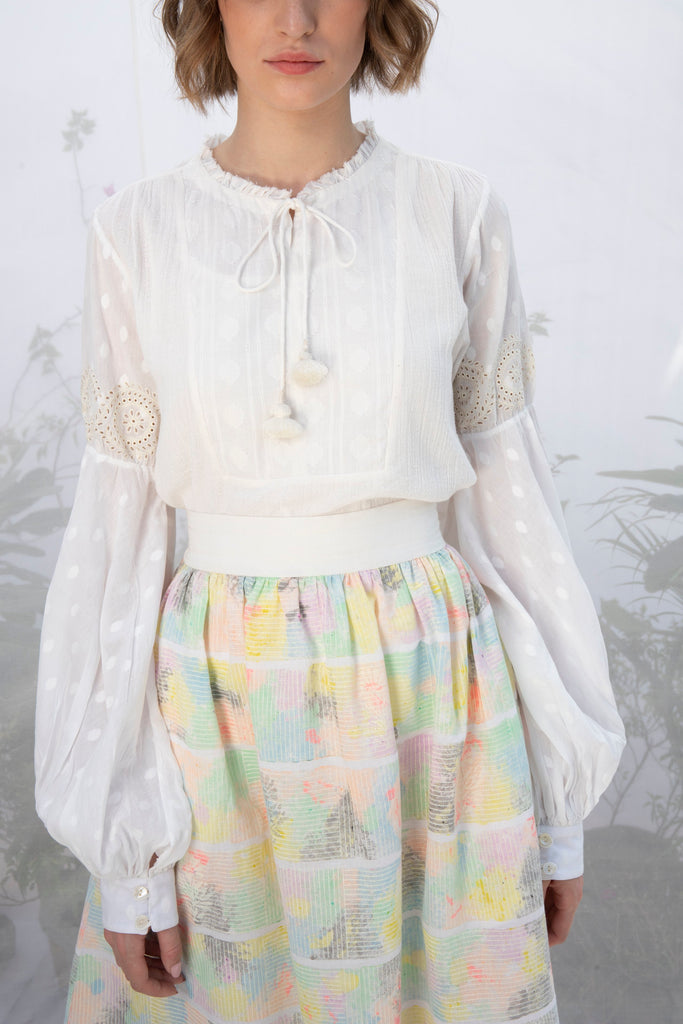 Ivory Hand Block Print Skirt With Embroidery-Skirt-ARCVSH by Pallavi Singh