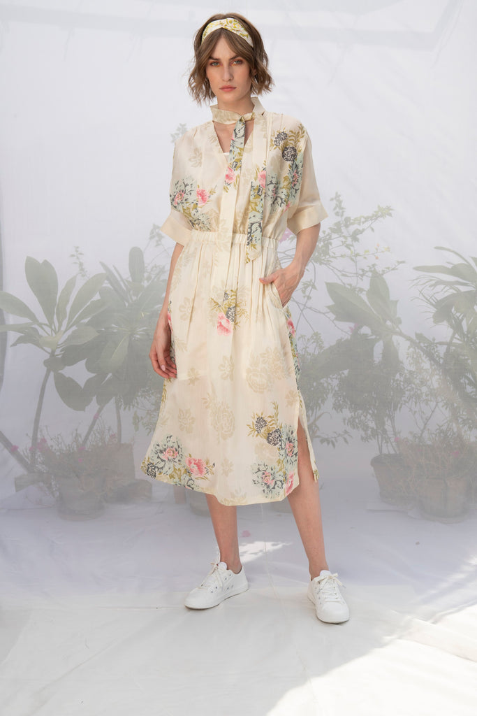 Ivory Roses Printed Front Pleat Dress-Dress-ARCVSH by Pallavi Singh