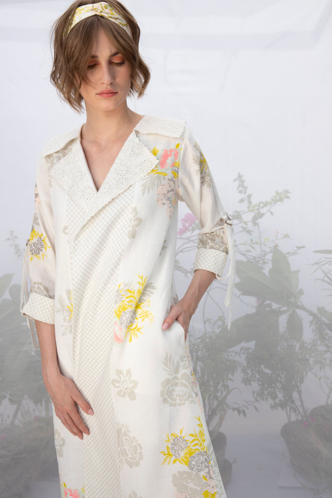 Ivory Embroidered Collar Roses Print Wrap Dress/Jacket-Dress-ARCVSH by Pallavi Singh