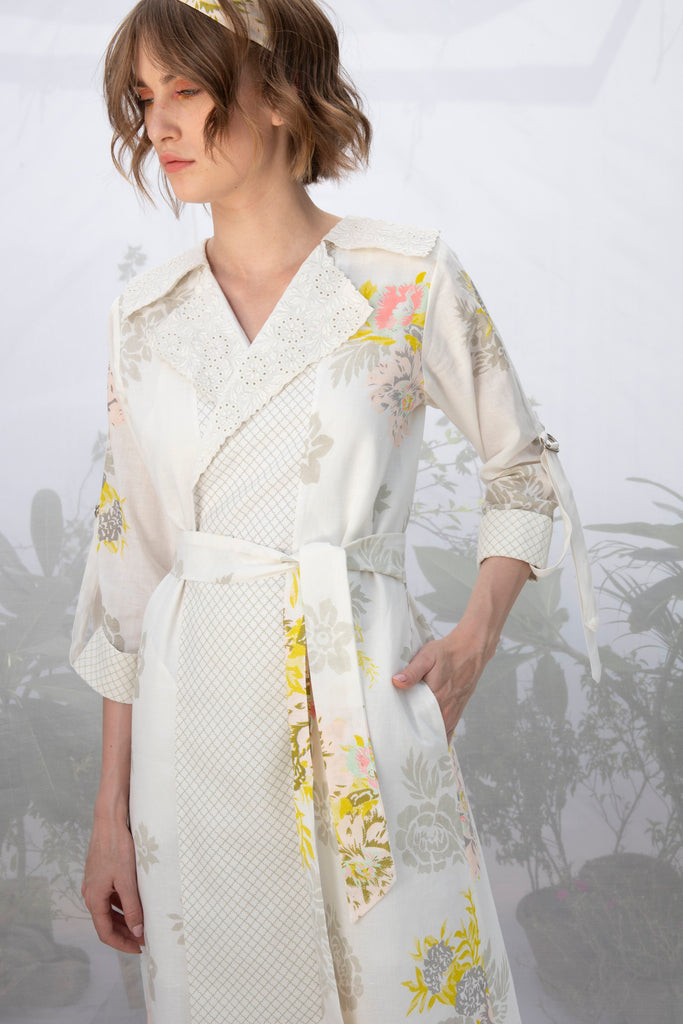 Ivory Embroidered Collar Roses Print Wrap Dress/Jacket-Dress-ARCVSH by Pallavi Singh