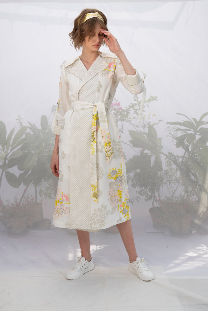Ivory Embroidered Collar Roses Print Wrap Dress/Jacket-Dress-ARCVSH by Pallavi Singh
