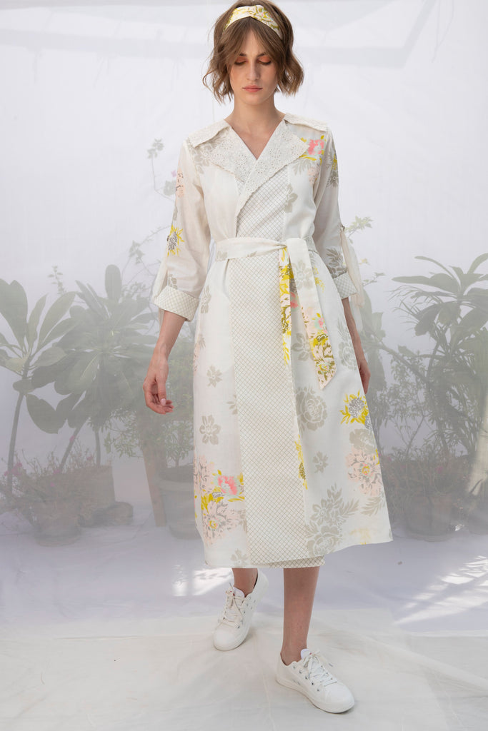 Ivory Embroidered Collar Roses Print Wrap Dress/Jacket-Dress-ARCVSH by Pallavi Singh