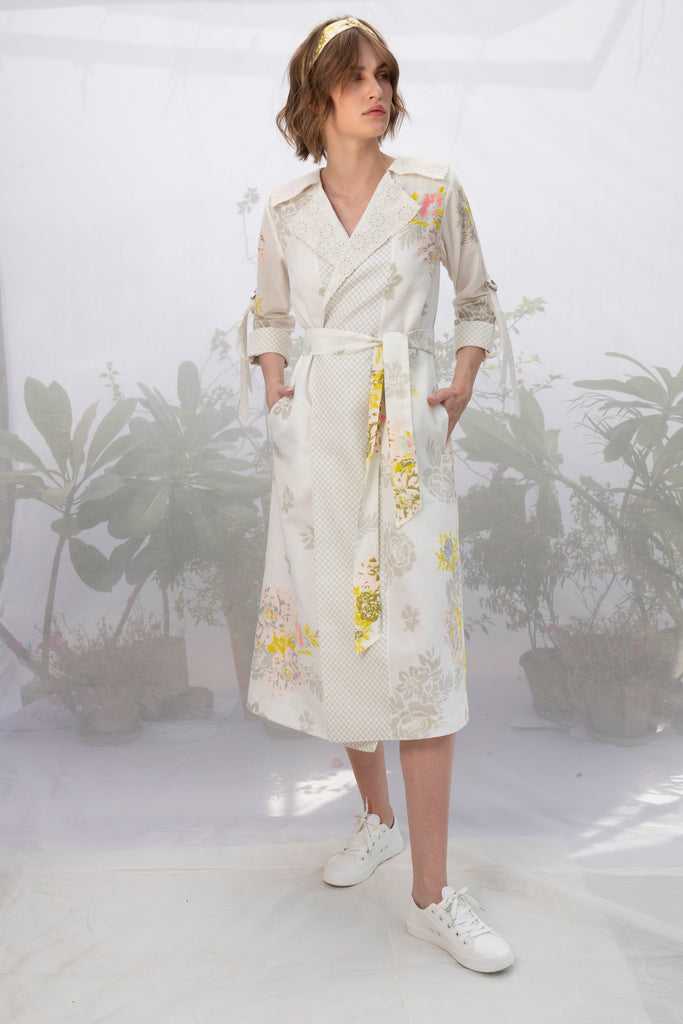 Ivory Embroidered Collar Roses Print Wrap Dress/Jacket-Dress-ARCVSH by Pallavi Singh
