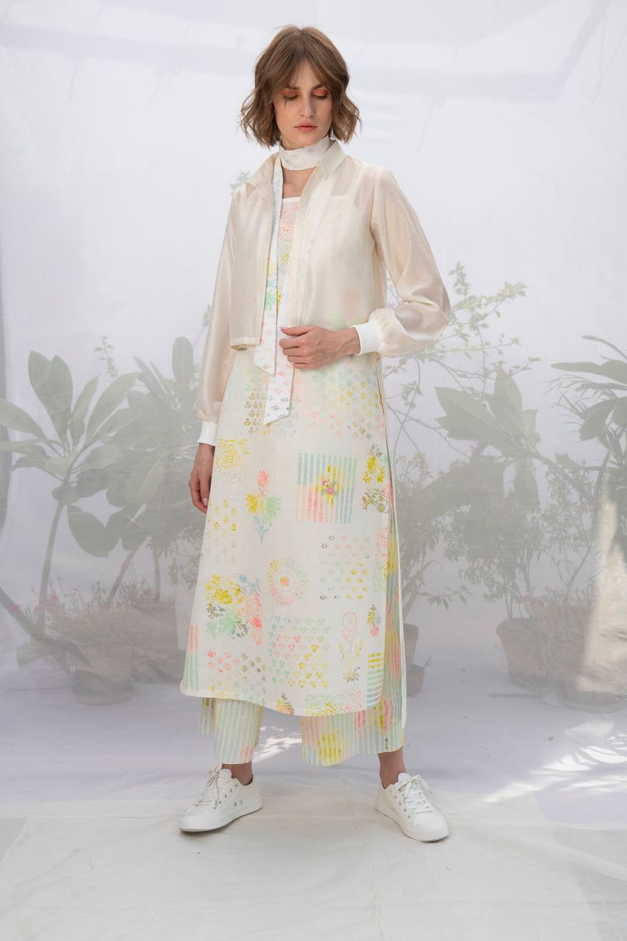 Ivory Hand Block Printed Tunic With Short Throw On Jacket-Full Set-ARCVSH by Pallavi Singh