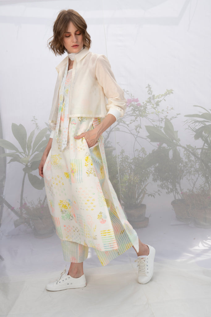 Ivory Hand Block Printed Tunic With Short Throw On Jacket-Full Set-ARCVSH by Pallavi Singh