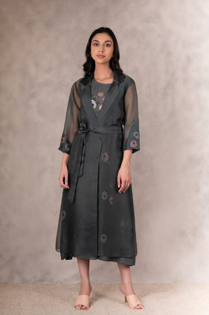 Forest Green Eden Print Dress And Jacket Set In Bemberg And Silk Organza With Hand Embroidery Details-Dress And Jacket-ARCVSH by Pallavi Singh