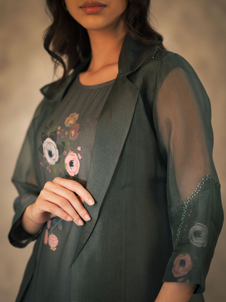 Forest Green Eden Print Dress And Jacket Set In Bemberg And Silk Organza With Hand Embroidery Details-Dress And Jacket-ARCVSH by Pallavi Singh