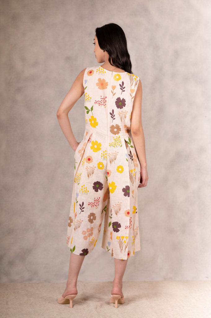 Floral Print Linen Jumpsuit With Organza Jacket In Peach-Jumpsuit And Jacket-ARCVSH by Pallavi Singh