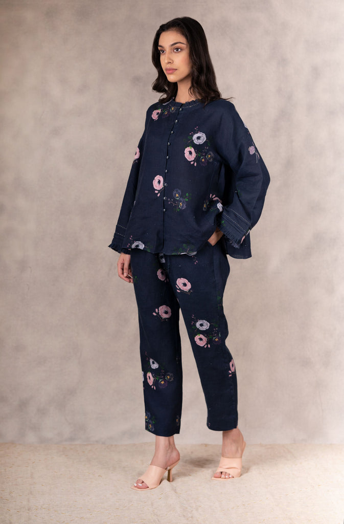 Navy Eden Print Side Gusset Top And Pant Set In Linen With Hand Embroidery Details-Co-Ord Set-ARCVSH by Pallavi Singh