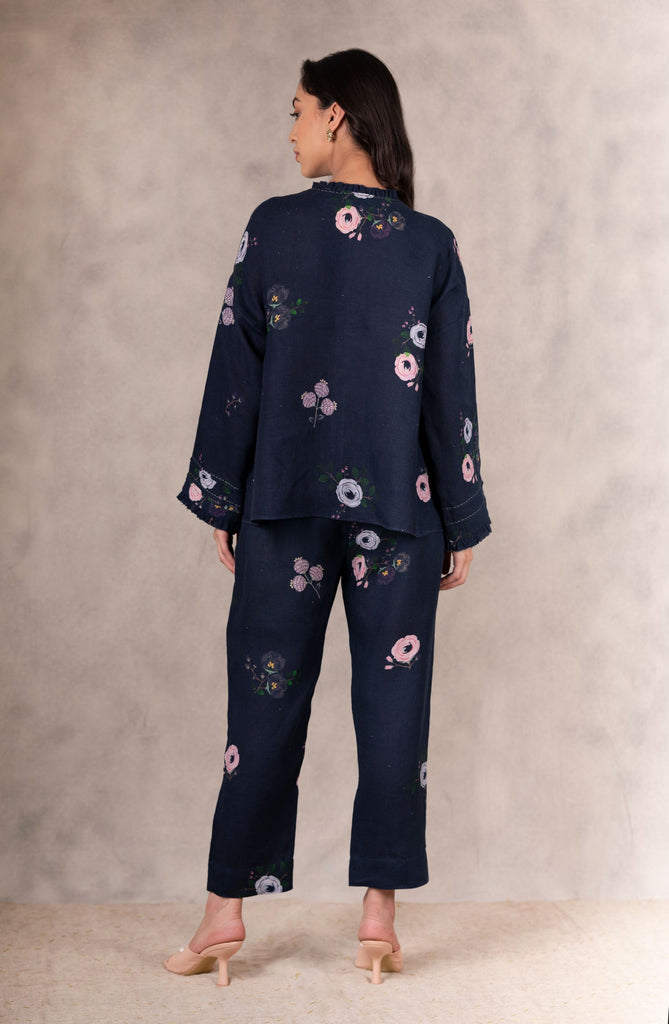 Navy Eden Print Side Gusset Top And Pant Set In Linen With Hand Embroidery Details-Co-Ord Set-ARCVSH by Pallavi Singh