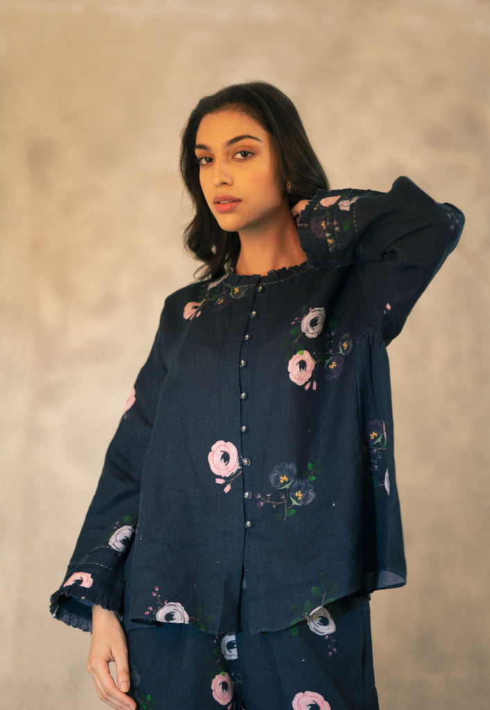 Navy Eden Print Side Gusset Top In Linen With Hand Embroidery Details-Top-ARCVSH by Pallavi Singh