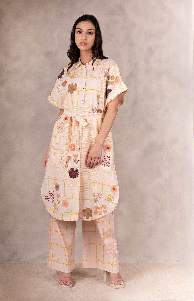 Floral Printed And Embroidered Shirt Dress /Tunic In Linen-Tunic-ARCVSH by Pallavi Singh
