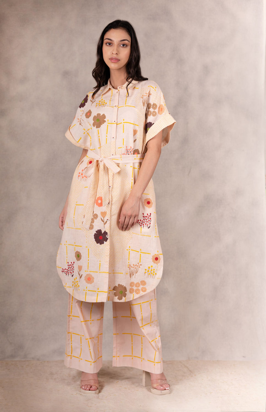 Floral Printed And Embroidered Shirt Dress /Tunic With Pants In Linen-Co-Ord Set-ARCVSH by Pallavi Singh
