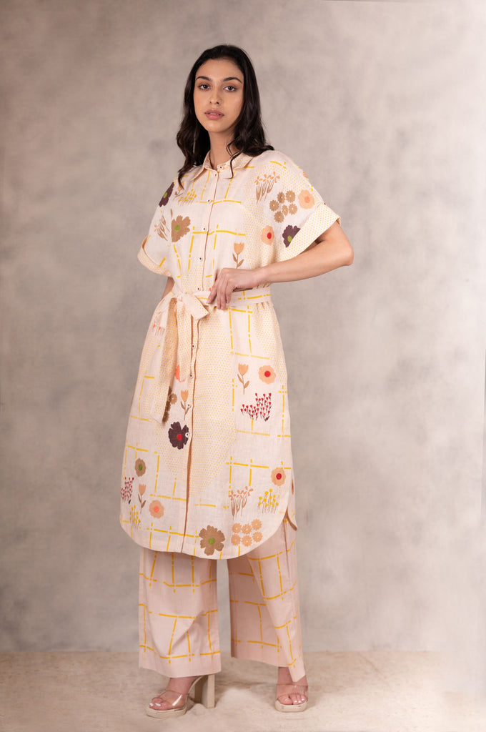 Floral Printed And Embroidered Shirt Dress /Tunic In Linen-Tunic-ARCVSH by Pallavi Singh