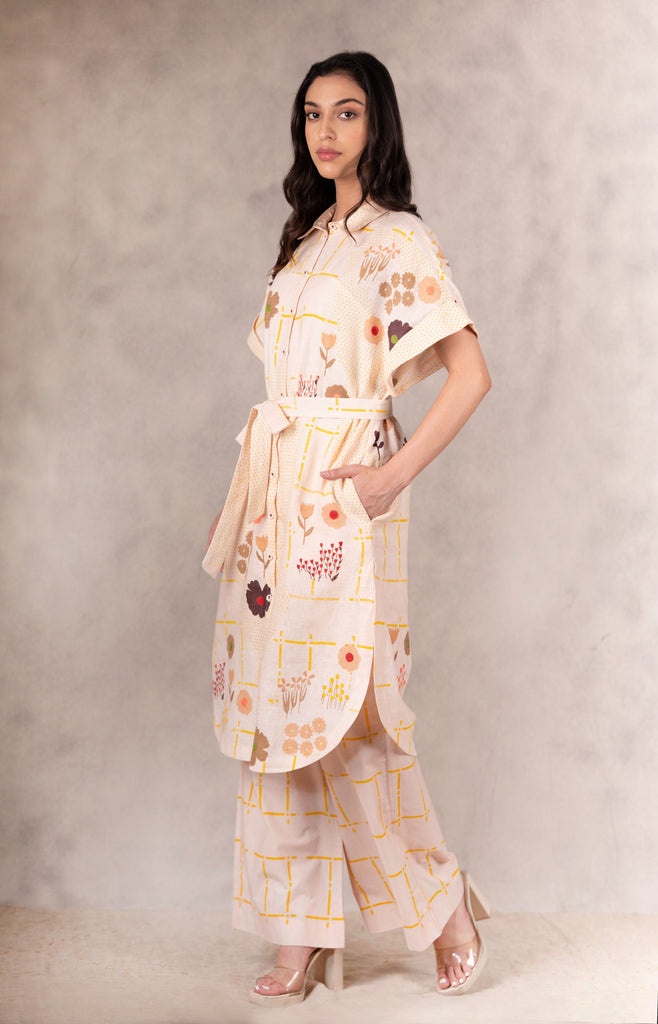 Floral Printed And Embroidered Shirt Dress /Tunic With Pants In Linen-Co-Ord Set-ARCVSH by Pallavi Singh