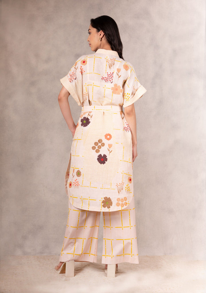 Floral Printed And Embroidered Shirt Dress /Tunic With Pants In Linen-Co-Ord Set-ARCVSH by Pallavi Singh