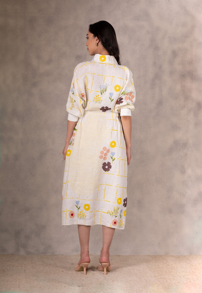 Hand Made Floral Dress With Fron Slit In Linen-Dress-ARCVSH by Pallavi Singh