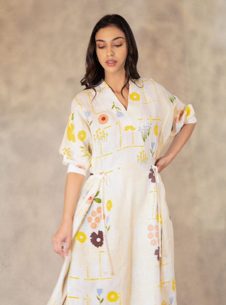 Hand Made Floral Dress With Fron Slit In Linen-Dress-ARCVSH by Pallavi Singh
