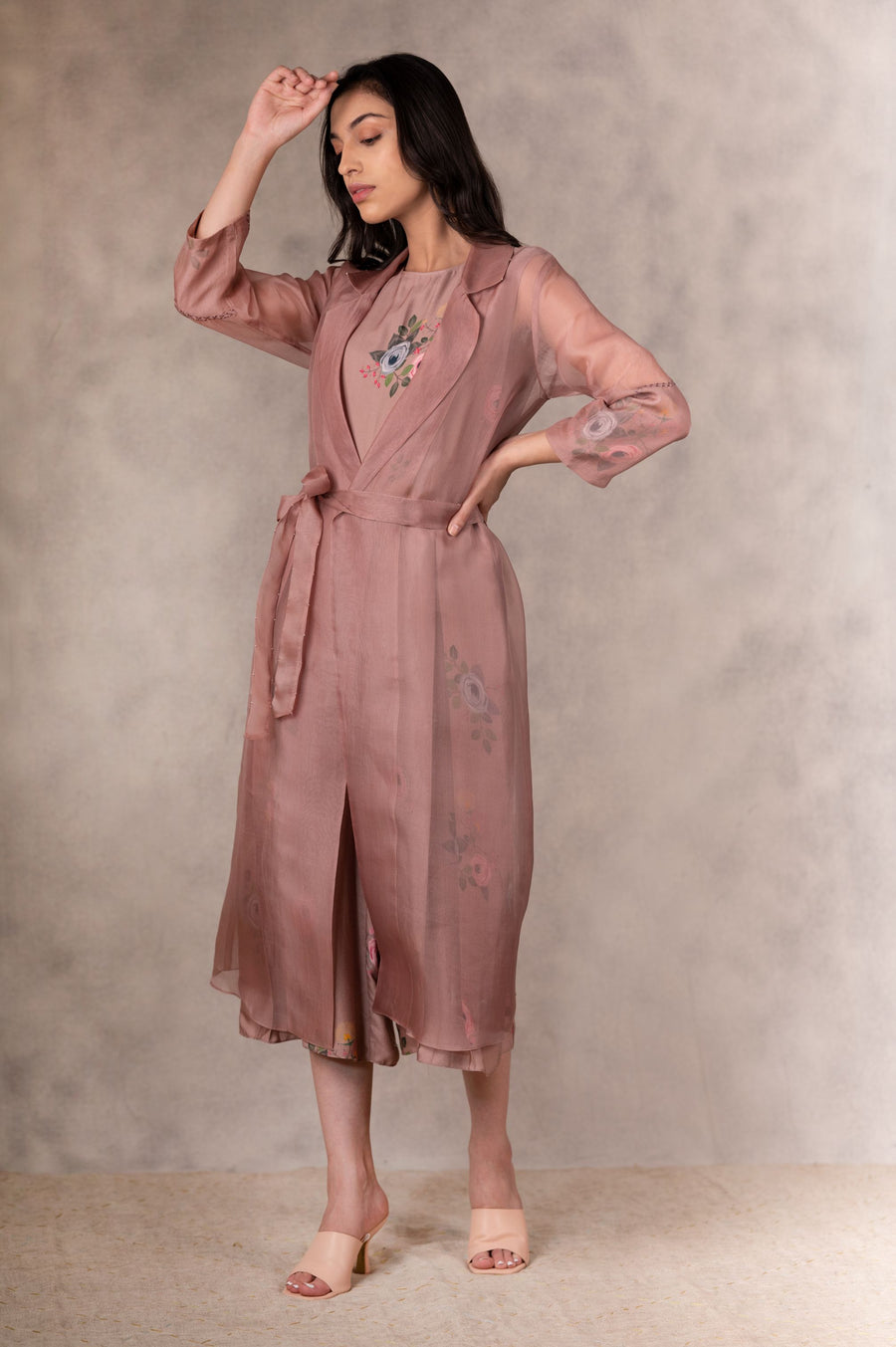 Almond Eden Print Top Jumpsuit And Jacket Set In Bemberg And Silk Organza With Hand Embroidery Details-Jumpsuiit + Jacket-ARCVSH by Pallavi Singh