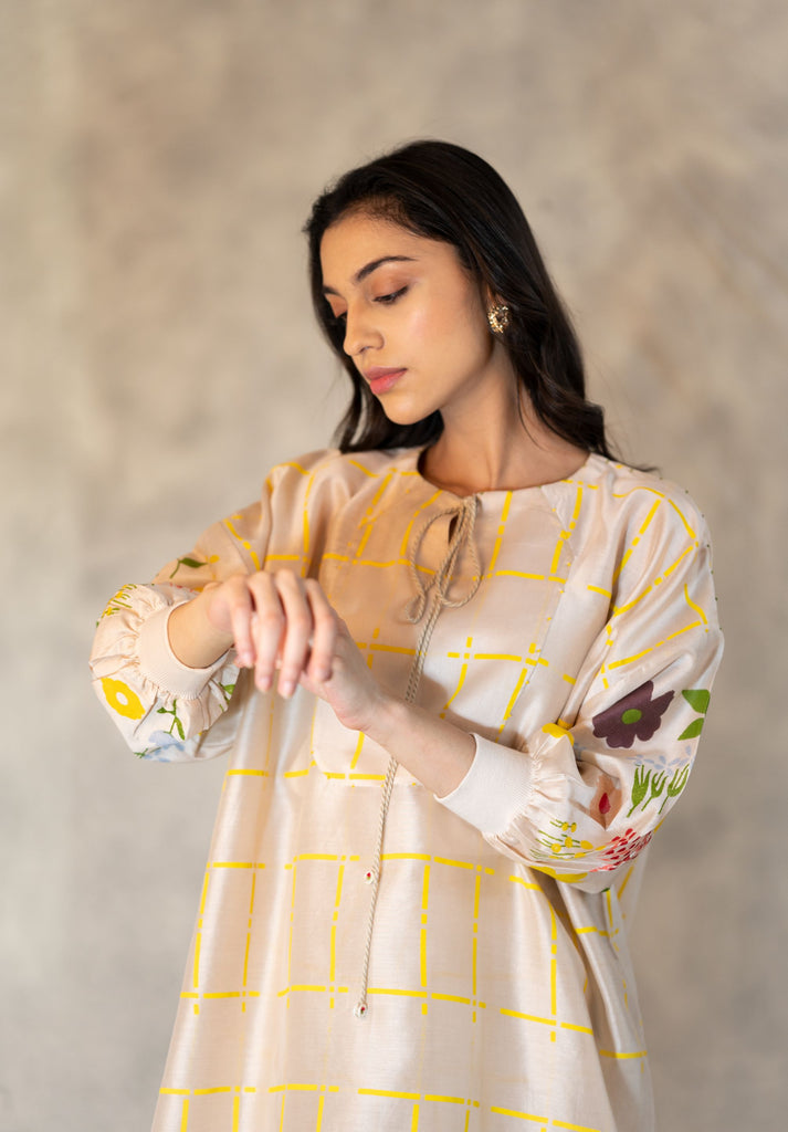 Printed Sleeve Long Top In Chanderi With With Hand Made Details-Top-ARCVSH by Pallavi Singh