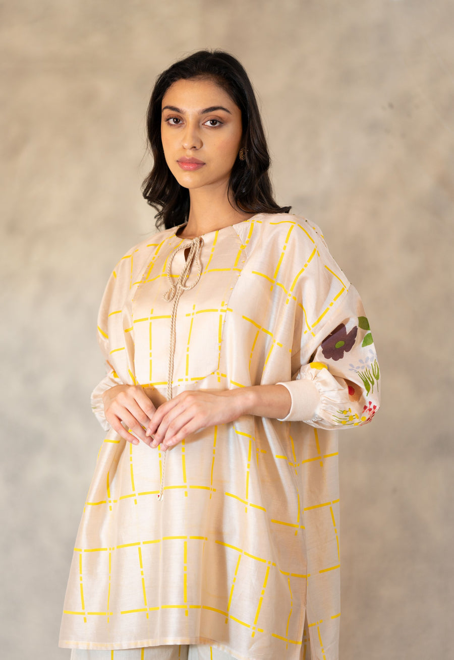 Printed Sleeve Long Top In Chanderi With With Hand Made Details-Top-ARCVSH by Pallavi Singh