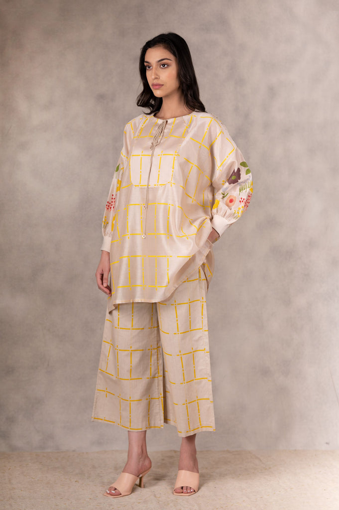 Printed Sleeve Long Top And Pants In Chanderi And Linen With With Hand Made Details-Co-Ord Set-ARCVSH by Pallavi Singh
