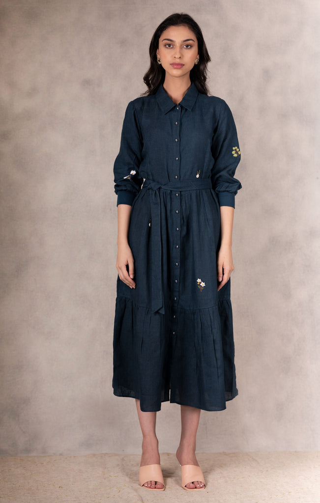 Navy Hand Embroidered Tiered Dress In Linen-Dress-ARCVSH by Pallavi Singh