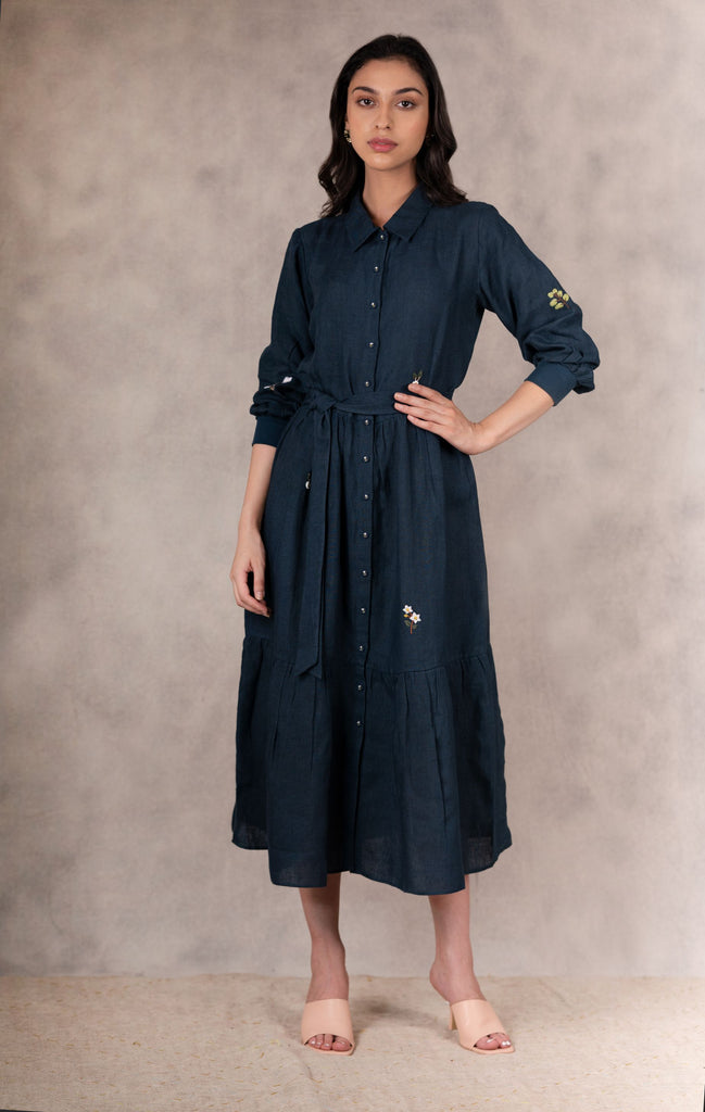 Navy Hand Embroidered Tiered Dress In Linen-Dress-ARCVSH by Pallavi Singh