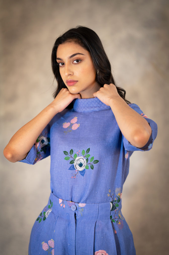 Twilight Eden Print And Embroidered Top With Back Buttons In Linen-Top-ARCVSH by Pallavi Singh