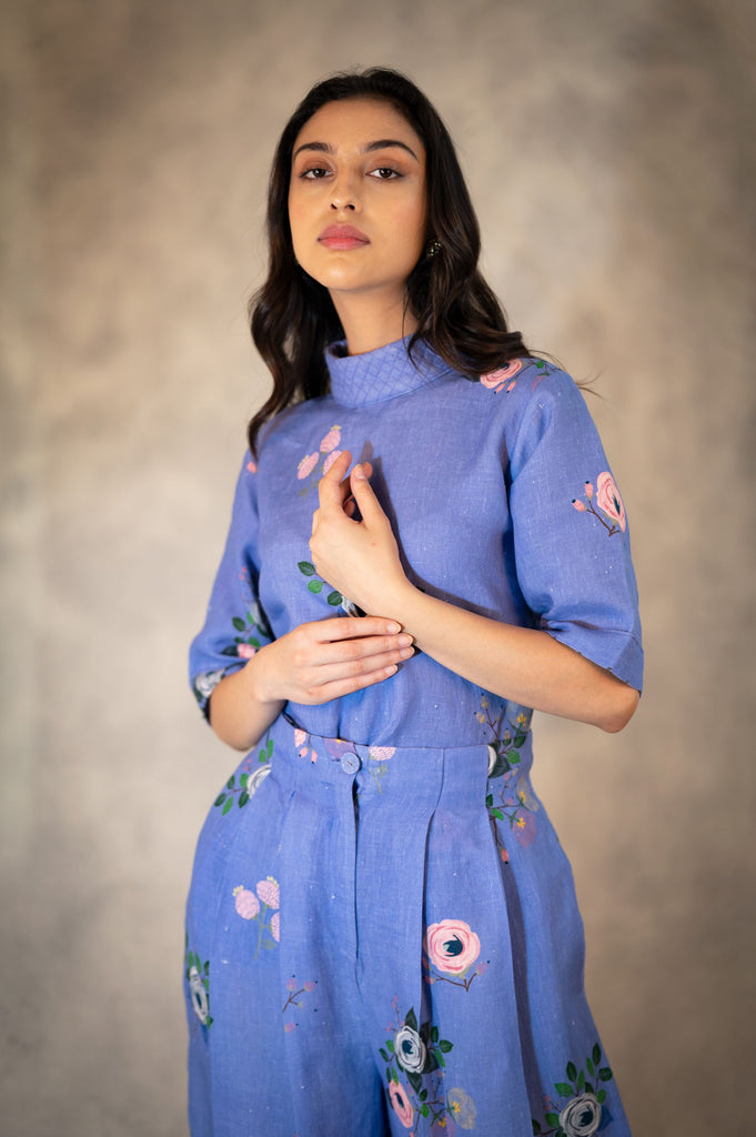 Twilight Eden Print  Top With Back Buttons In Linen-Co-Ord Set-ARCVSH by Pallavi Singh