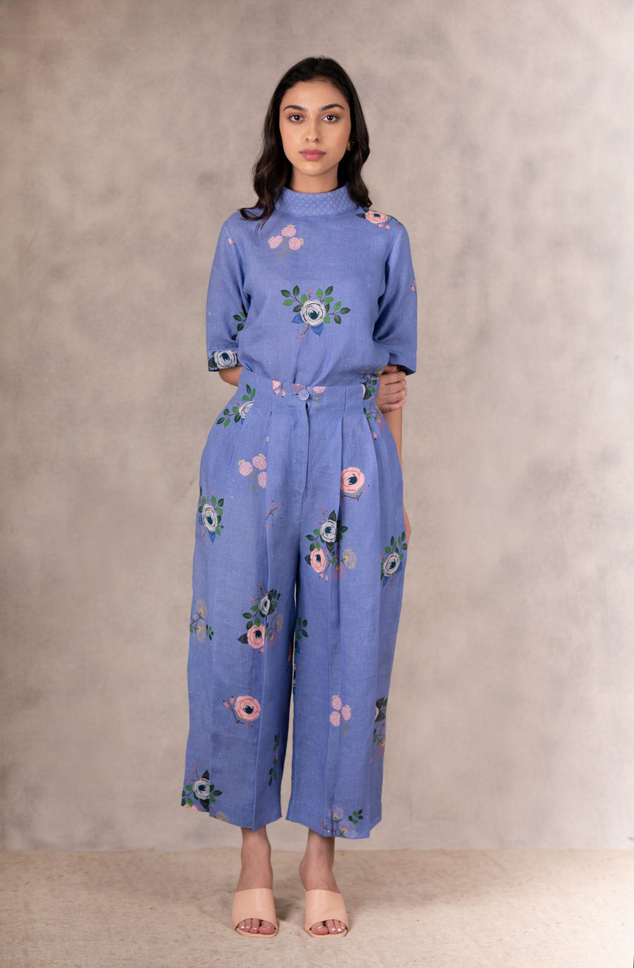 Twilight Eden Print And Embroidered Top With Back Buttons In Linen-Top-ARCVSH by Pallavi Singh