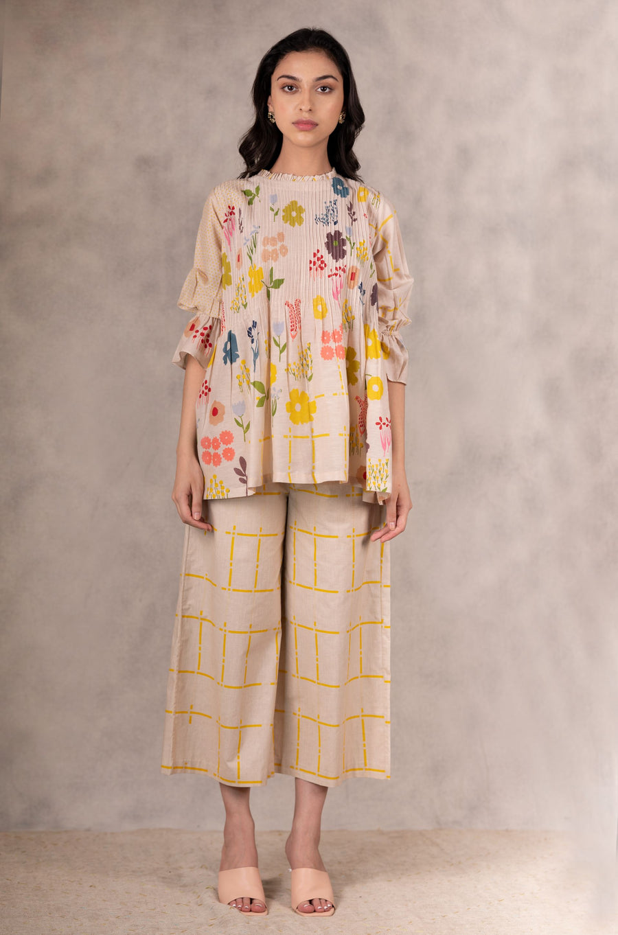 Hand Block Floral Print Pink Tuck Top In Cotton Silk-Top-ARCVSH by Pallavi Singh
