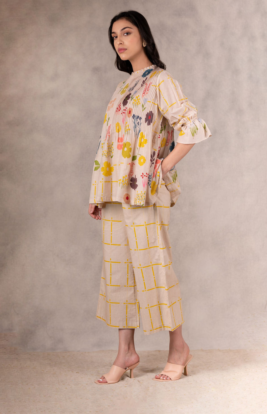 Sand And Yellow Checkered Pants In Linen-Flared Pants-ARCVSH by Pallavi Singh