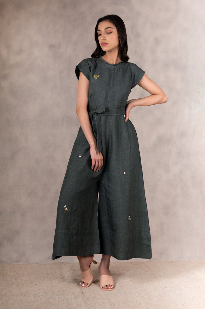 Forest Green Hand Embroidered Jumpsuit-Jumpsuit-ARCVSH by Pallavi Singh