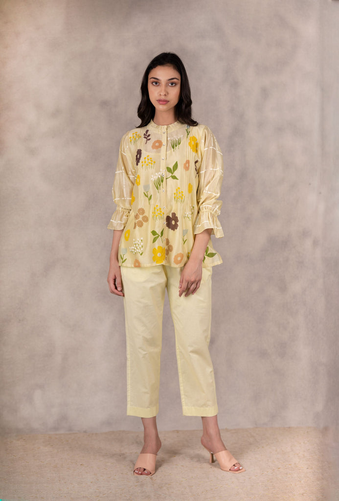 Floral Printed And Embroidered Top In Chanderi With Linen Straight Pants-Co-Ord Set-ARCVSH by Pallavi Singh