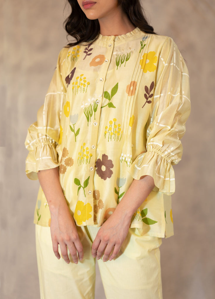 Floral Printed And Embroidered Top In Chanderi-Top-ARCVSH by Pallavi Singh